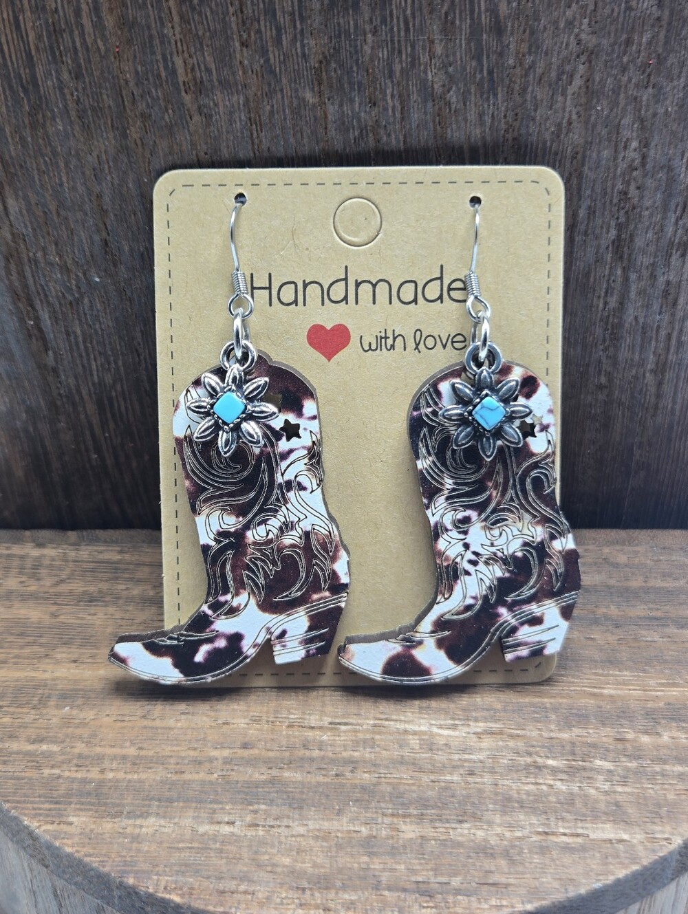 NWT Wood Cowgirl Cow Hide Pattern Boots Earrings Pierced Silver Tone Turquoise